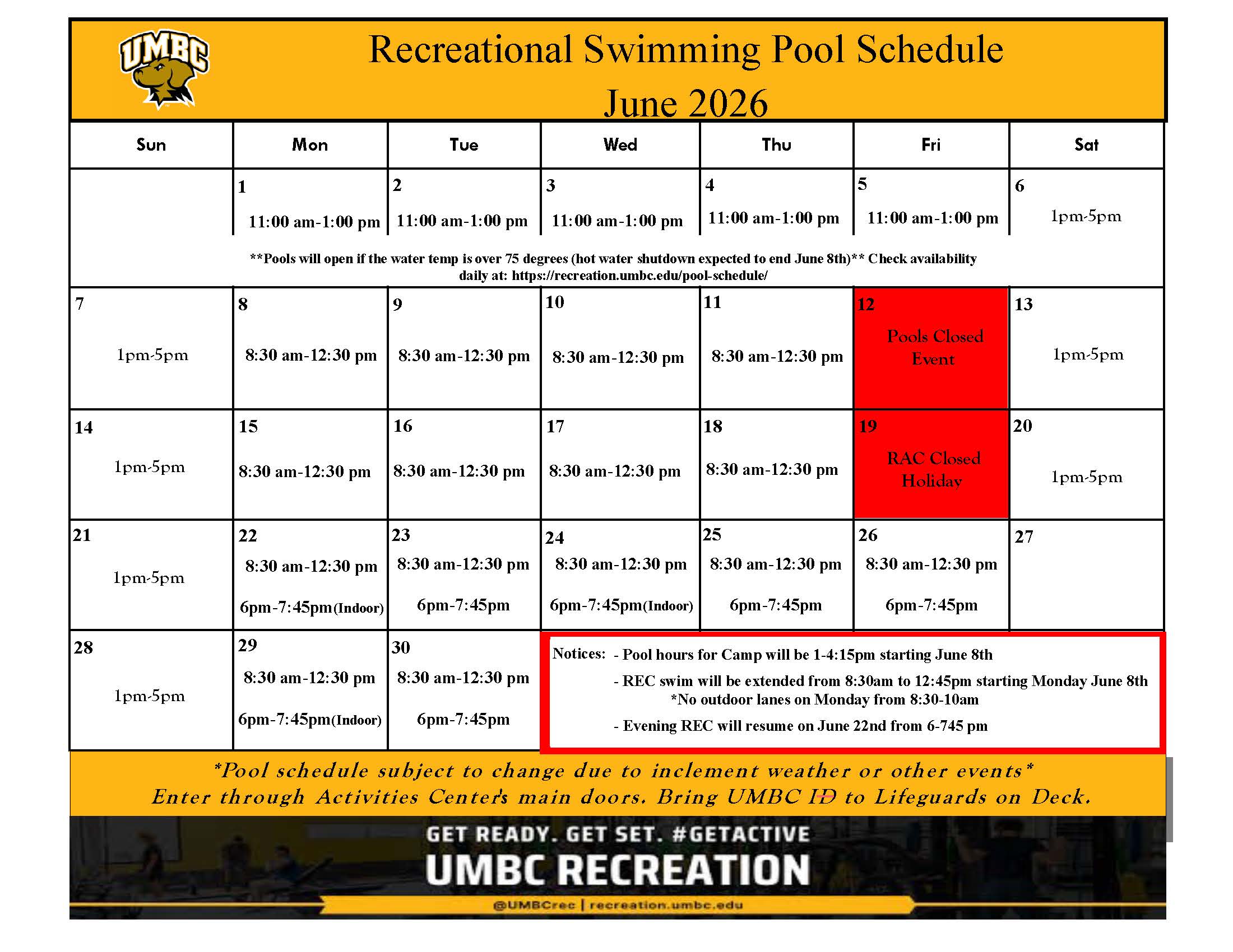 calendar view of June pool schedule. Description and key information below.