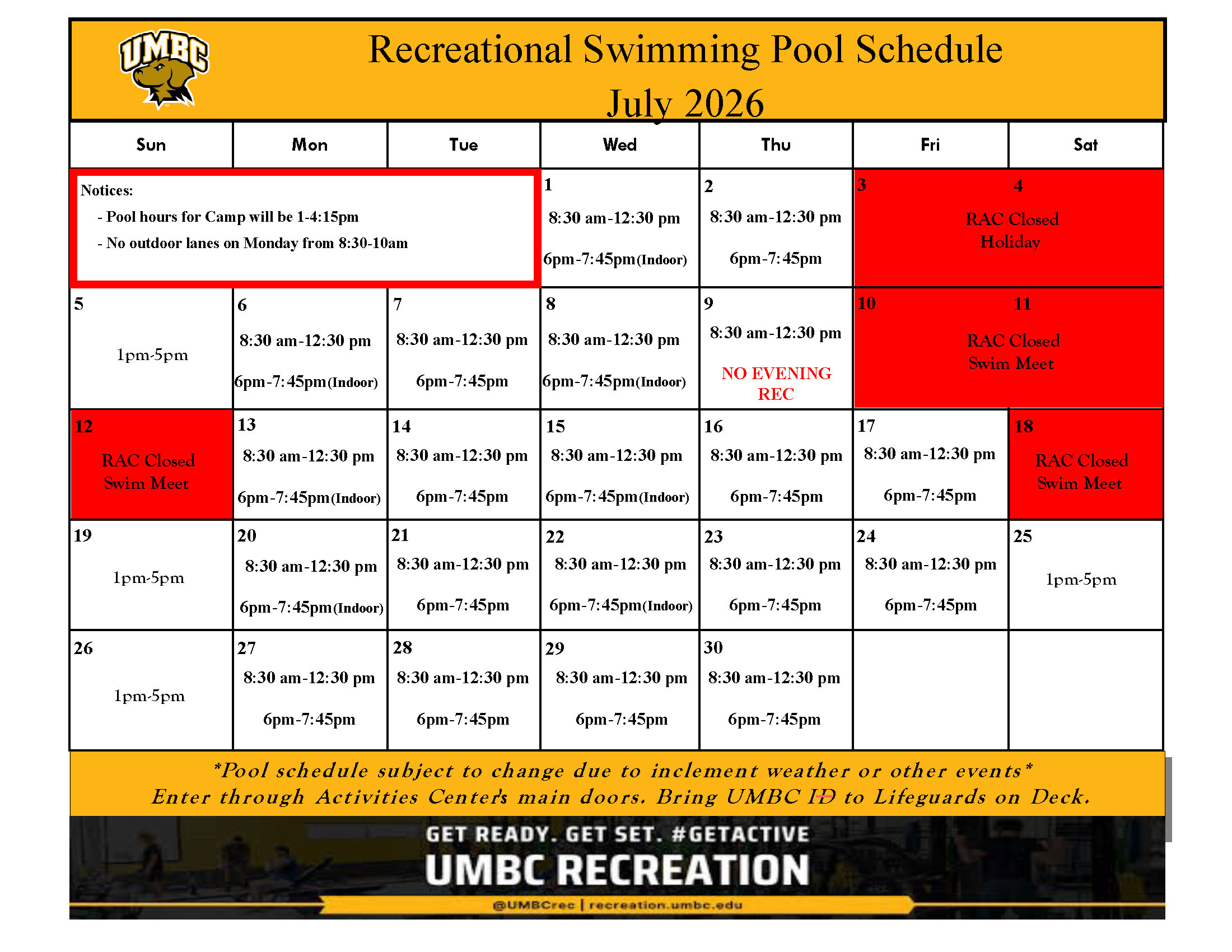Calendar view of pool schedule. Text version provided below. 