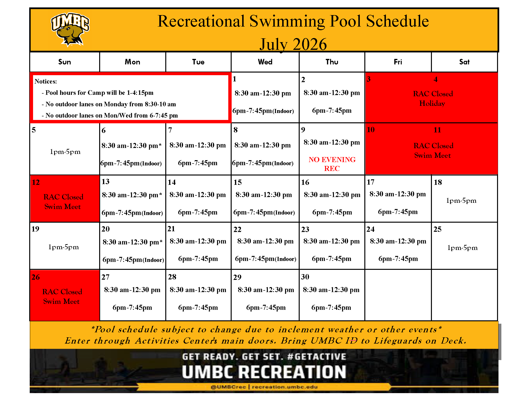 July pool schedule. Text version below.