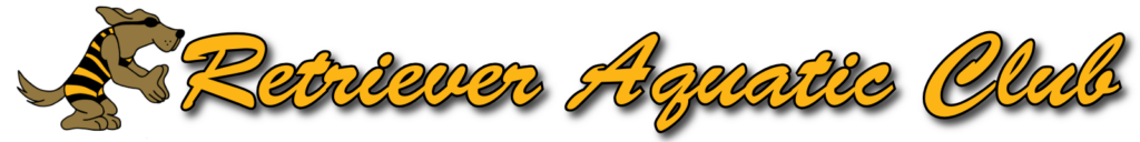 Retriever Aquatics Club. Logo of a cartoon retriever in a bathing suit prepairing to dive.