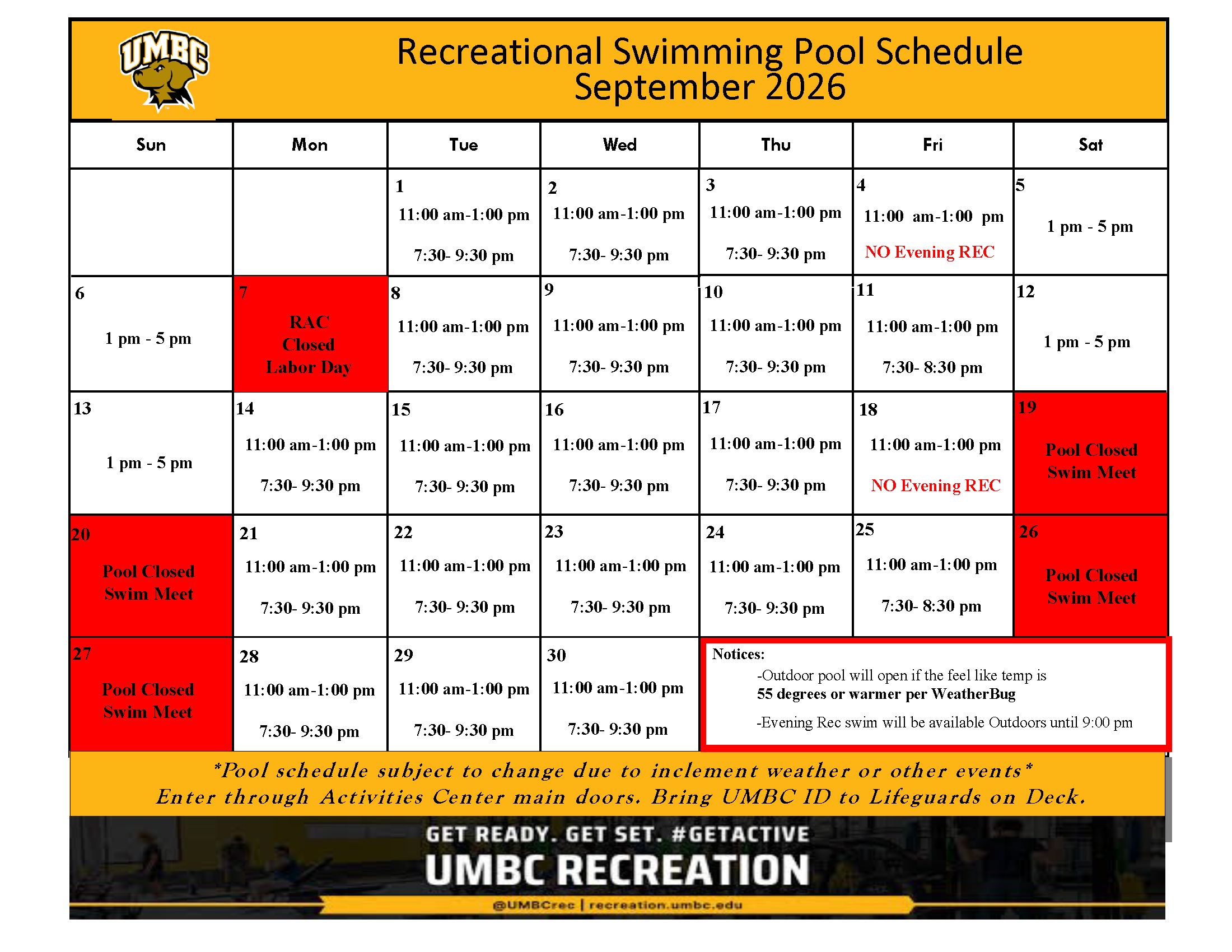 September pool schedule. Text version below.